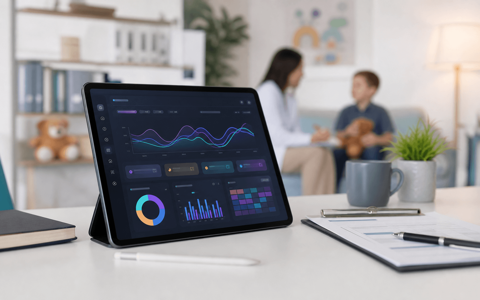 Tablet analytics charts used to review progress